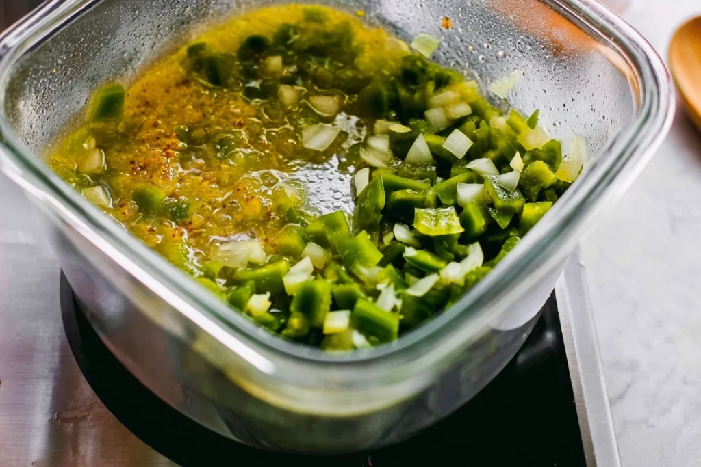poblano peppers and onions sautéing for poblano chicken tortilla soup