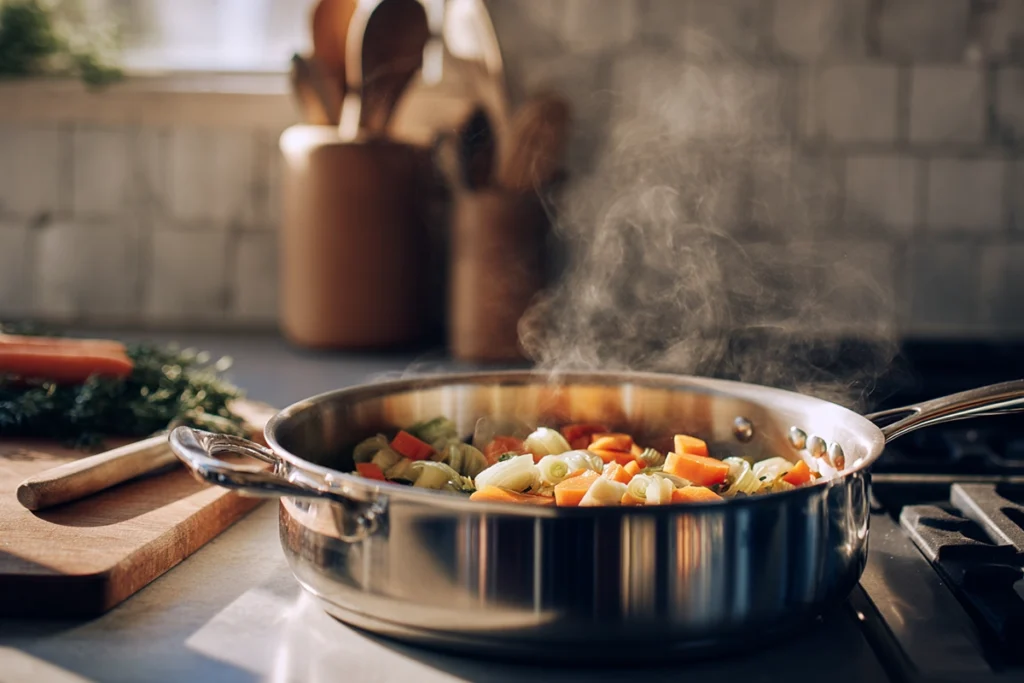 Vegetables sautéing for Olive Garden Chicken Gnocchi Soup in modern kitchen
