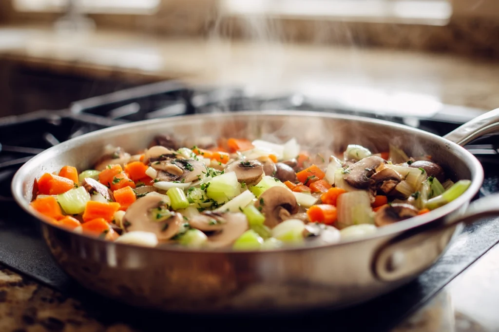Sautéing vegetables step for One Pot Gnocchi Chicken Pot Pie in stainless pot