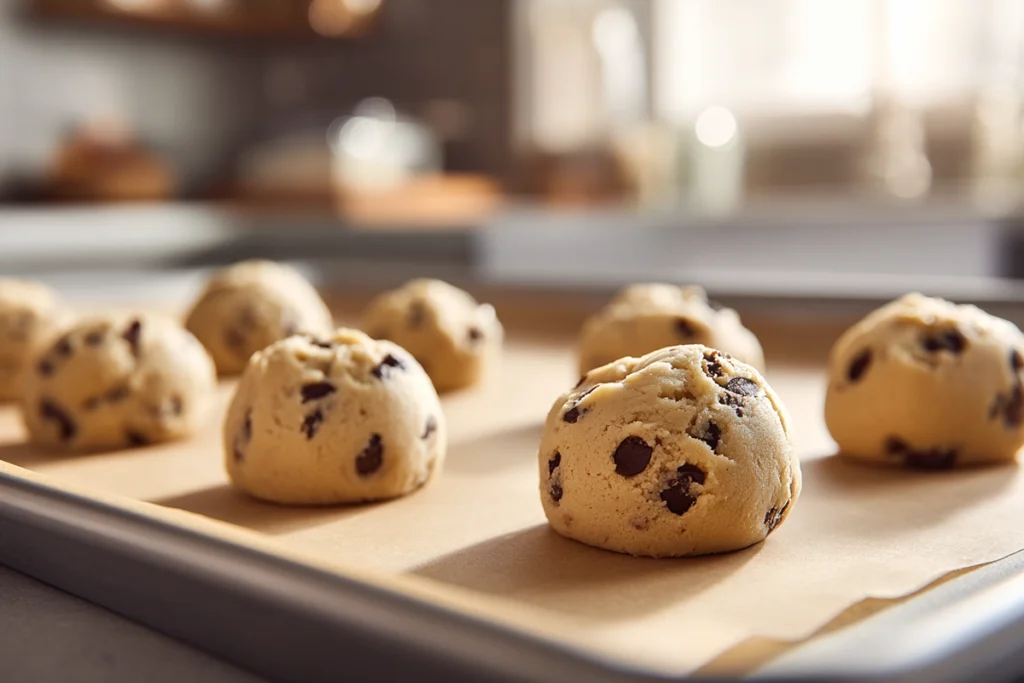 scooped cookie dough portions for half batch chocolate chip cookies on a baking sheet