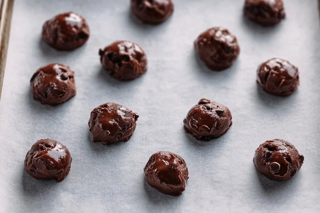 scooped salted brownie cookies dough on baking sheet