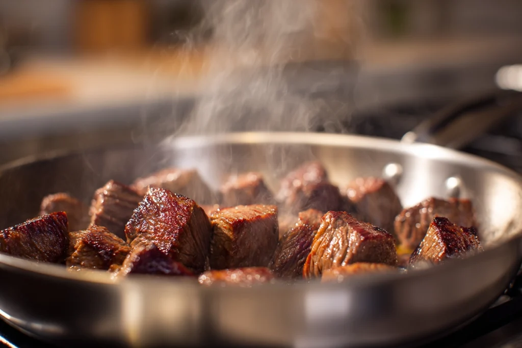 searing beef for old fashioned beef stew in stainless steel pan