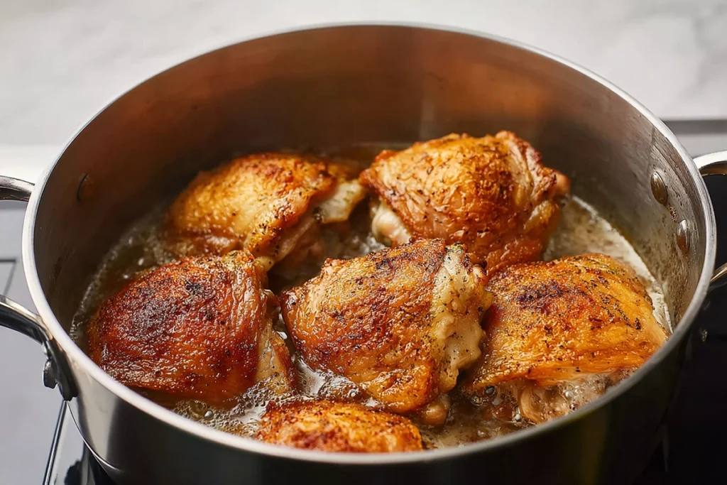 Chicken thighs browning in a pot for One-Pot Chicken and Rice