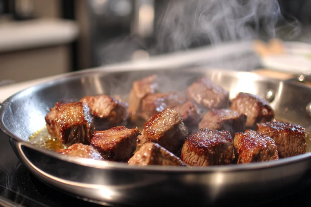 Steak searing in a pan for Creamy Garlic Butter Steak & Pasta