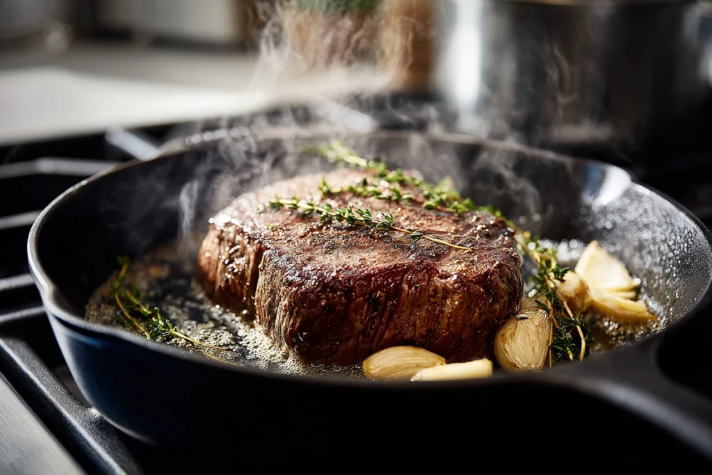 steak searing in pan for steak and scallops recipe