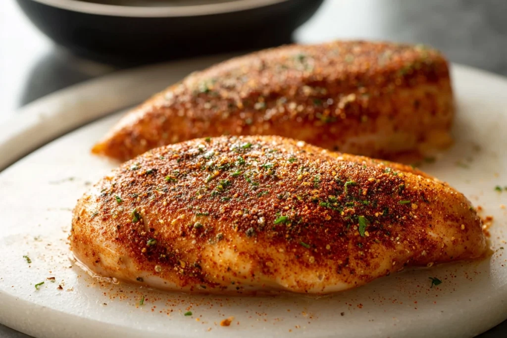 Chicken breasts being seasoned for air fryer chicken breasts in a modern kitchen