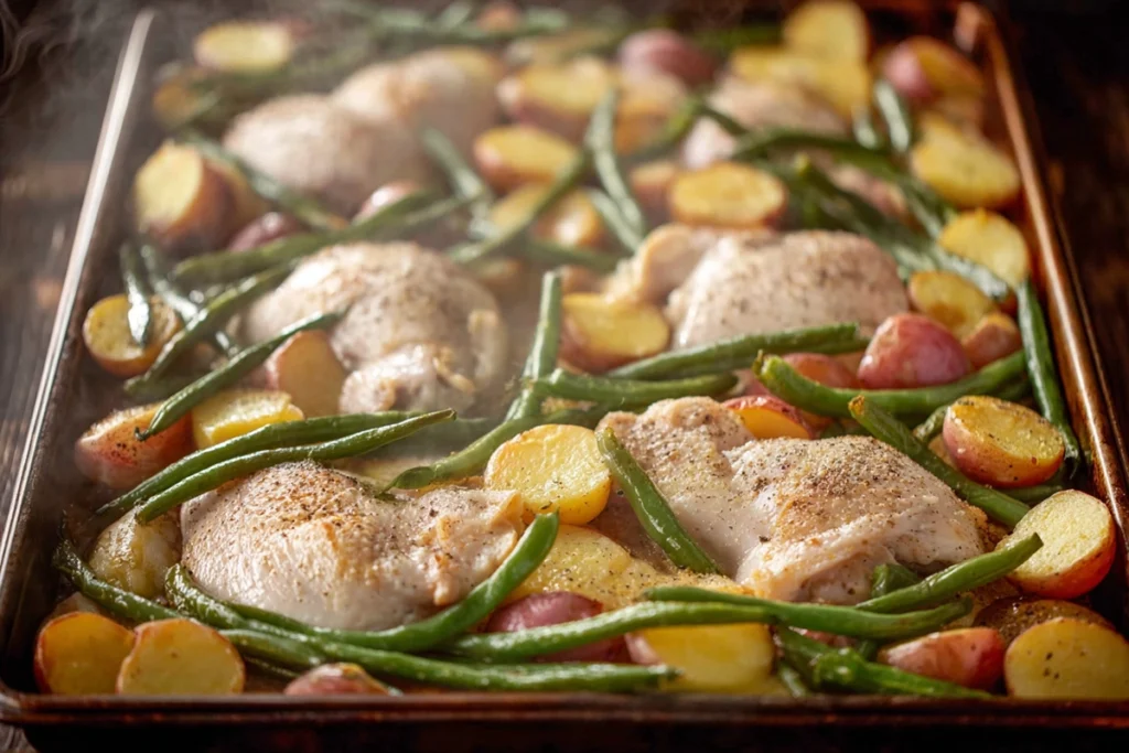 Seasoned chicken and potatoes prepared for Sheet Pan Chicken, Beans, and Potatoes