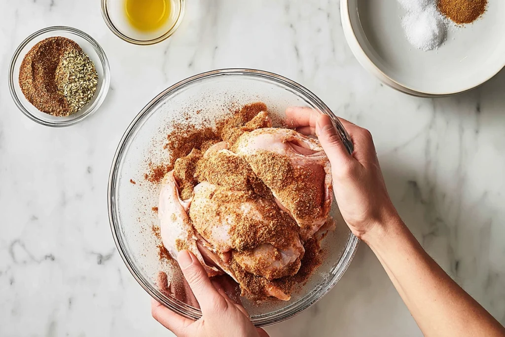 seasoned raw chicken thighs prepared for oven baked chicken thighs recipe
