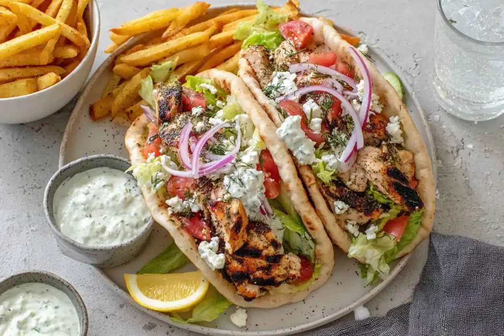 Greek Chicken Gyros served with tzatziki, fresh toppings, and simple sides