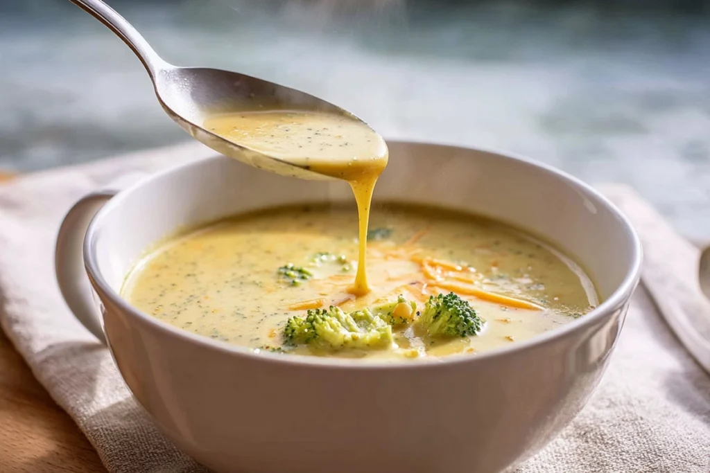 serving hot broccoli cheddar soup into a bowl