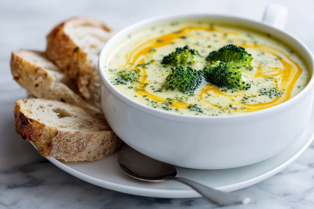 serving of broccoli cheddar soup with garnish and bread
