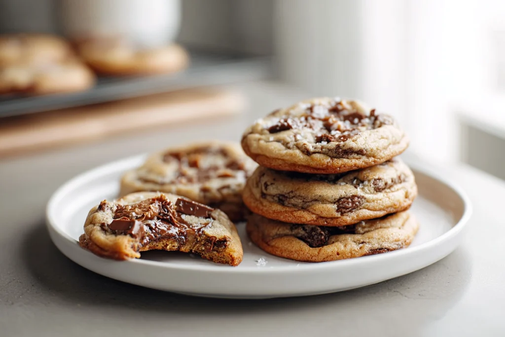 serving plate of brown butter toffee chocolate chip cookies in modern kitchen