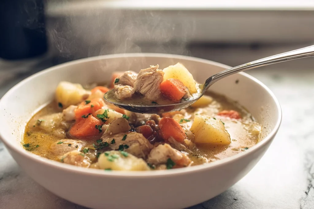 serving chicken stew into bowl in modern kitchen