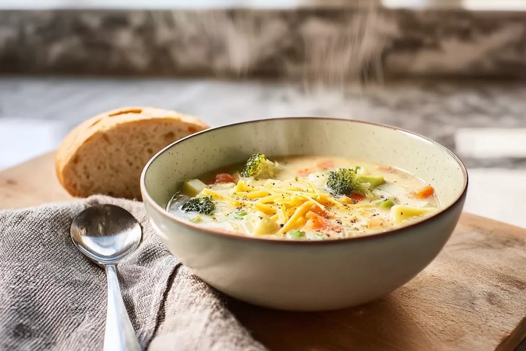 Final serving image of Copycat Panera Broccoli Cheddar Soup with bread
