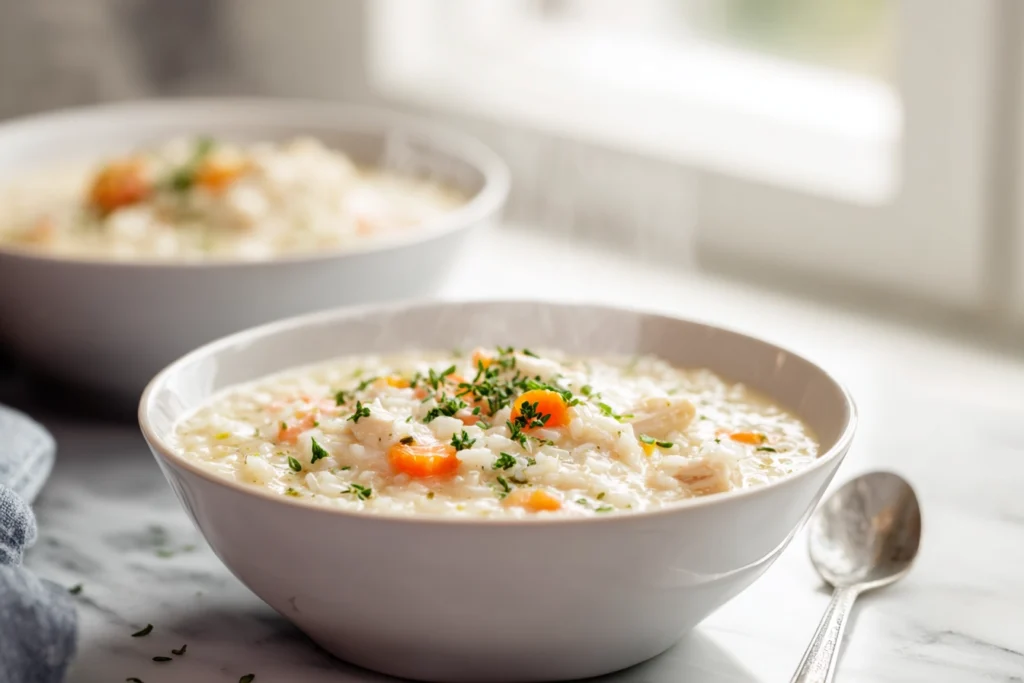 serving bowl of creamy chicken rice soup with garnish in modern kitchen