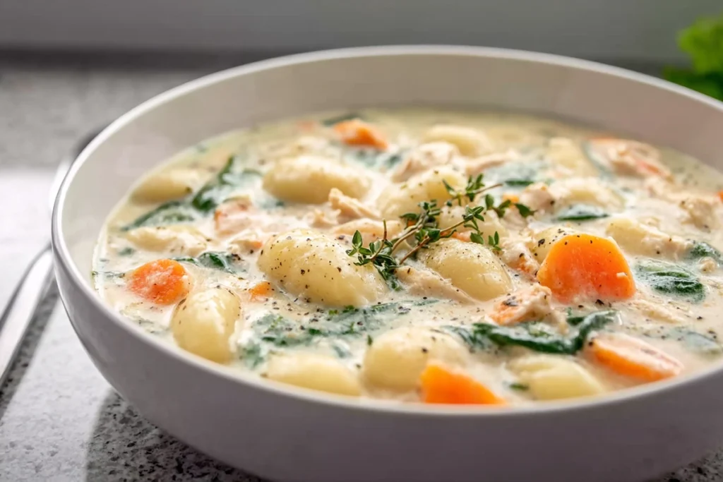 Final serving shot of Crockpot Chicken Gnocchi Soup in a modern kitchen