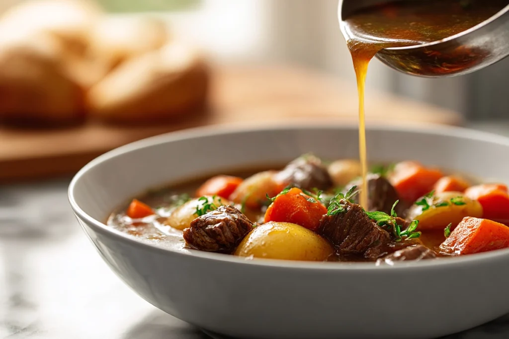 ladle serving old fashioned beef stew into bowl