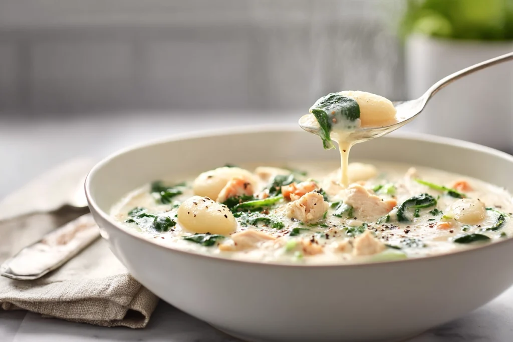 Ladled serving of Olive Garden Chicken Gnocchi Soup into modern bowl