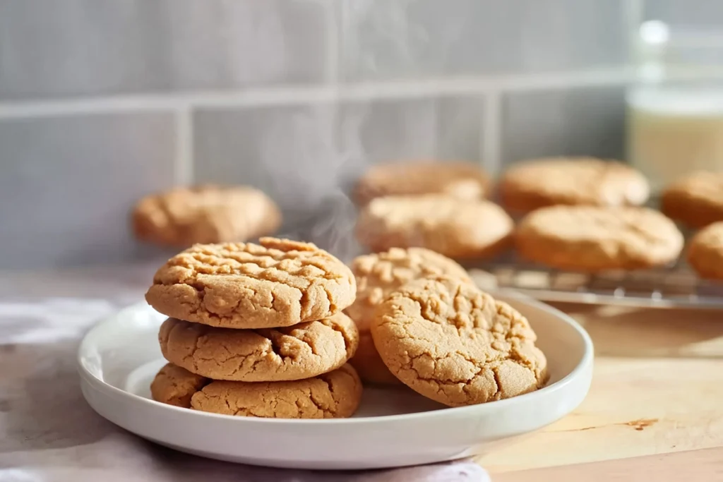 plated serving of finished 4 ingredient peanut butter cookies in modern kitchen