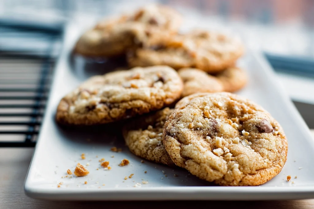 serving platter of freshly baked toffee cookies in bright natural kitchen