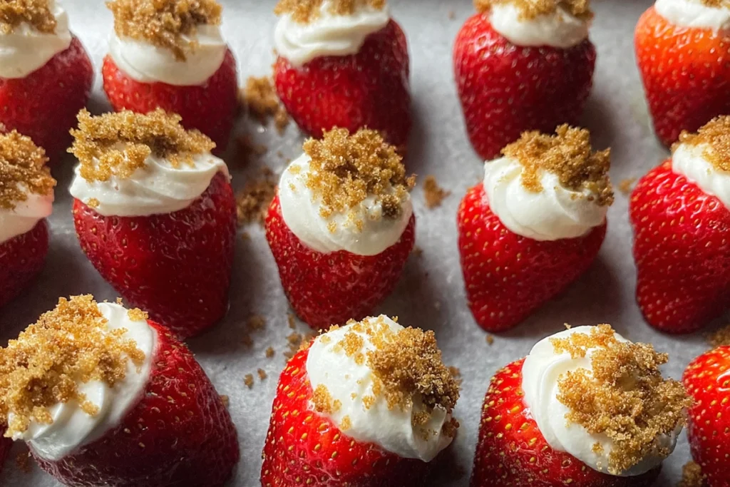 plated strawberry cheesecake bites on serving platter in modern kitchen