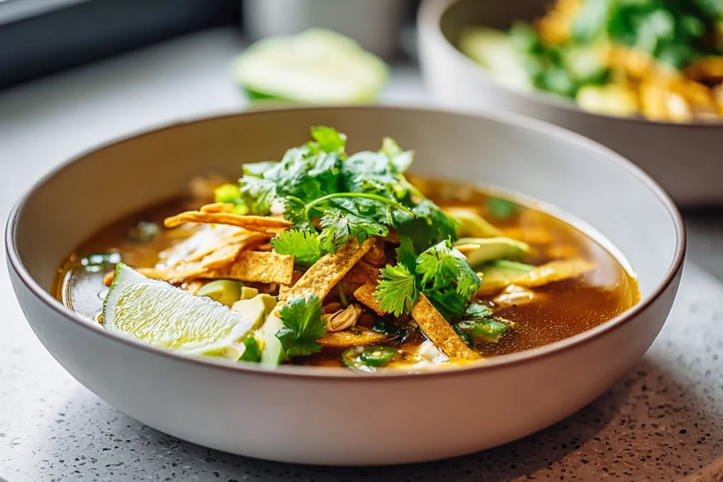 serving of poblano chicken tortilla soup with avocado and tortilla strips
