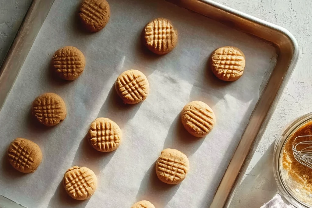 overhead image of shaped dough balls for 4 ingredient peanut butter cookies