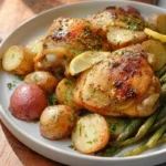 Sheet Pan Chicken, Beans, and Potatoes served on a modern plate with roasted vegetables
