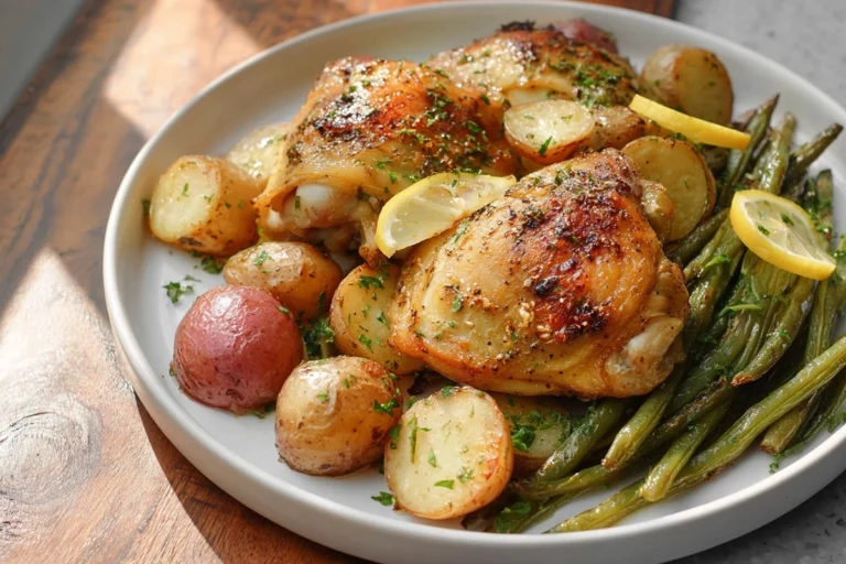 Sheet Pan Chicken, Beans, and Potatoes served on a modern plate with roasted vegetables