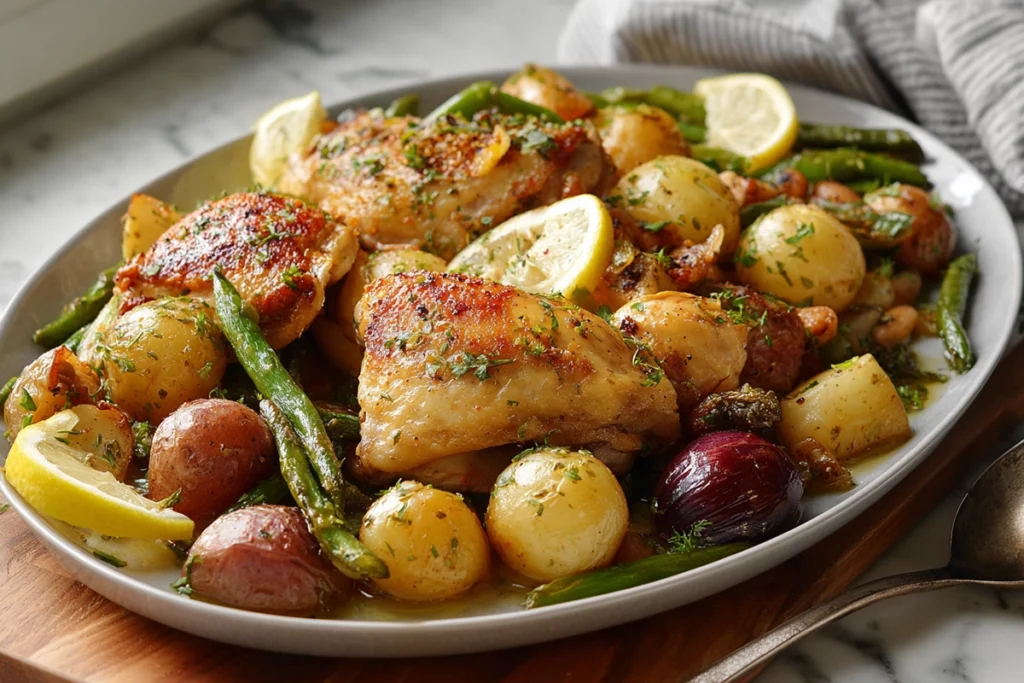 Sheet Pan Chicken, Beans, and Potatoes served family-style on a platter
