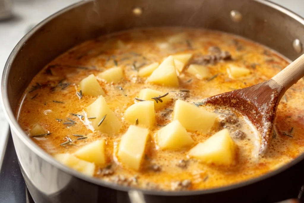 adding diced potatoes and broth to Shepherd’s Pie Soup