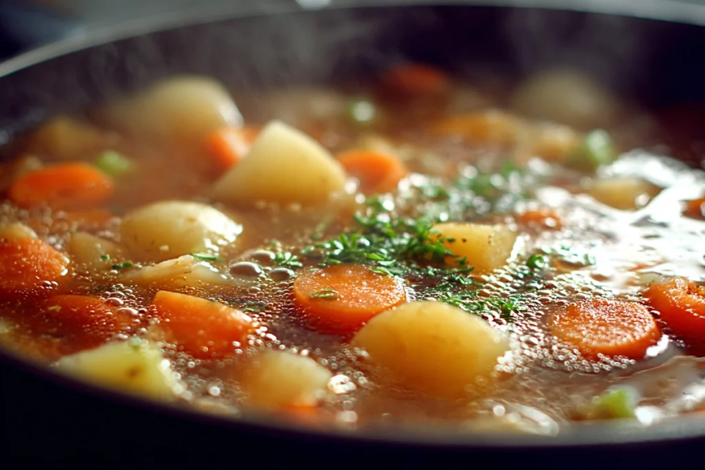 simmering chicken stew with vegetables in modern stainless pot