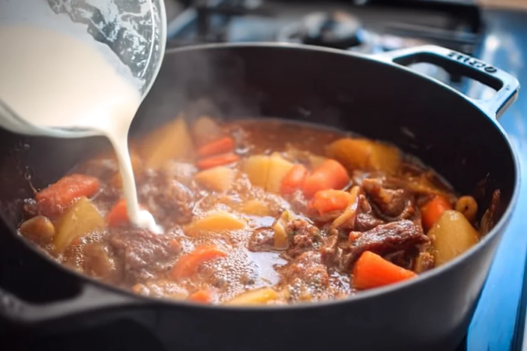 A Dutch oven filled with simmering Old Fashioned Beef Stew cooking to tenderness.