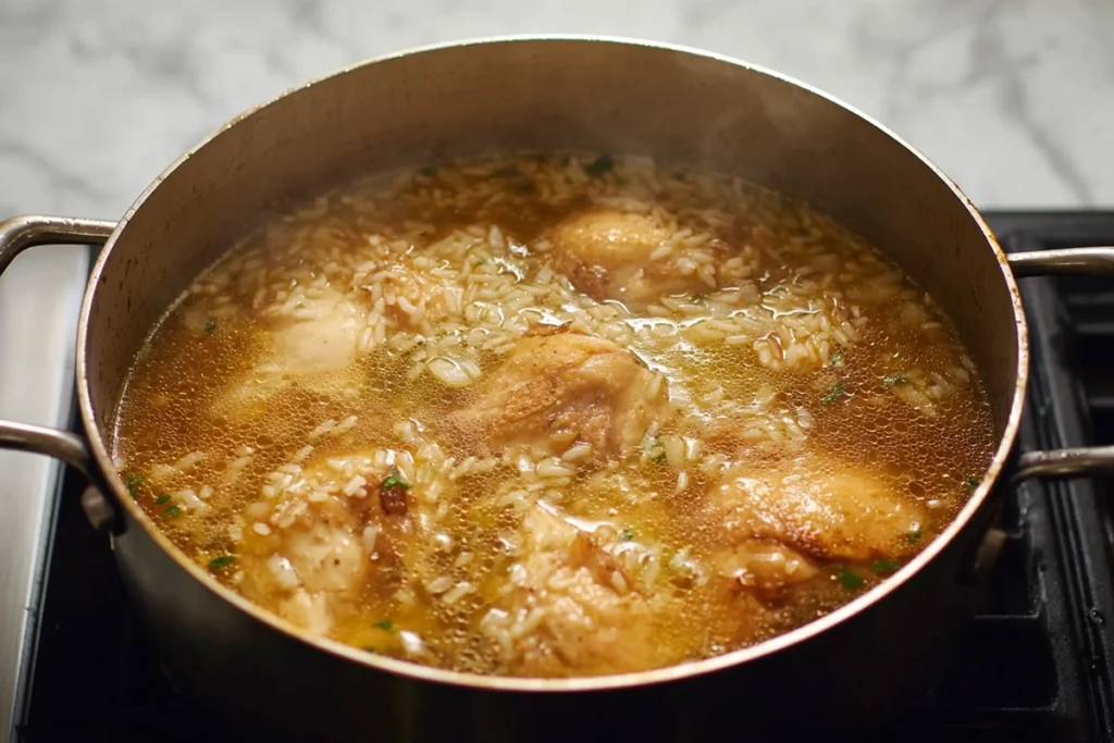 Chicken and rice simmering together in one pot