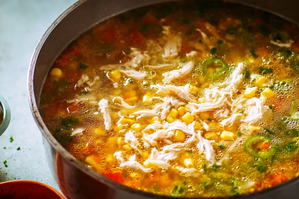poblano chicken tortilla soup simmering in a pot on the stove