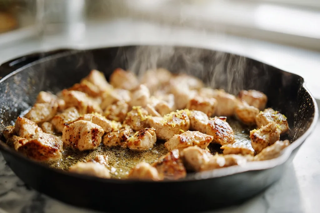 Chicken browning in skillet for lemon parmesan chicken recipe
