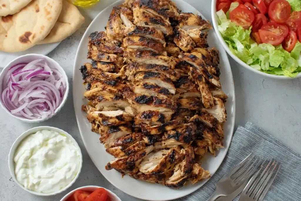 Sliced grilled chicken for Greek Chicken Gyros served with pita, tzatziki, and vegetables
