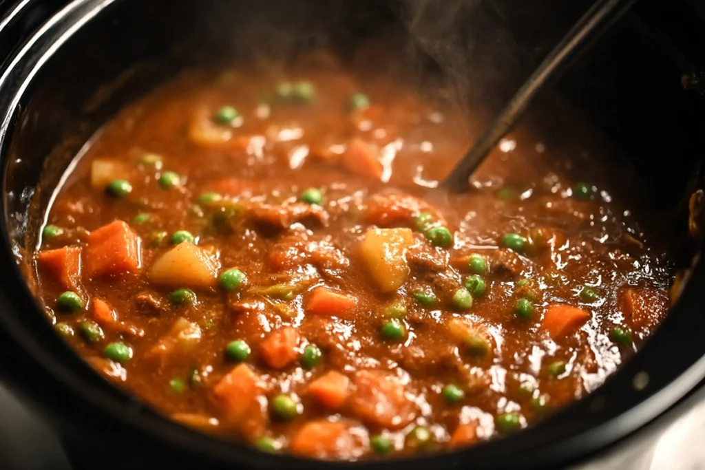 Close-up of finishing step adding peas to slow cooker beef stew