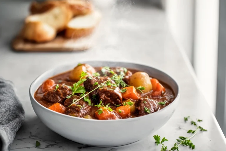 Finished slow cooker beef stew served in modern kitchen hero shot