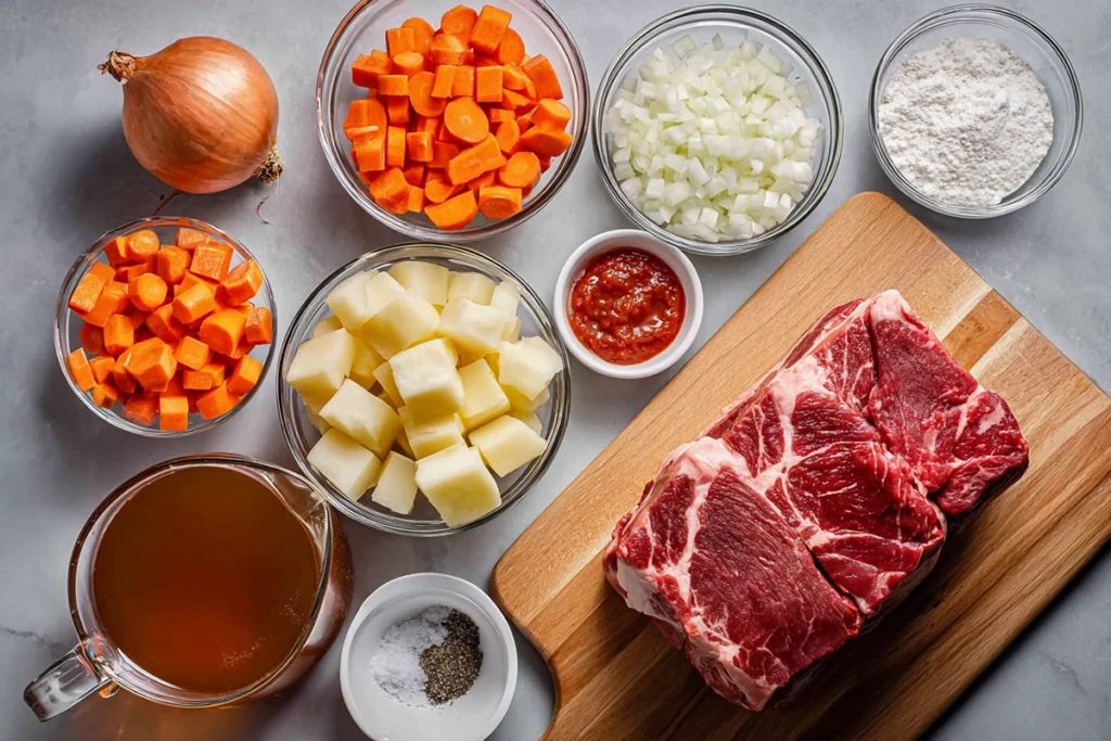 Overhead photo of ingredients for slow cooker beef stew arranged neatly in glass bowls