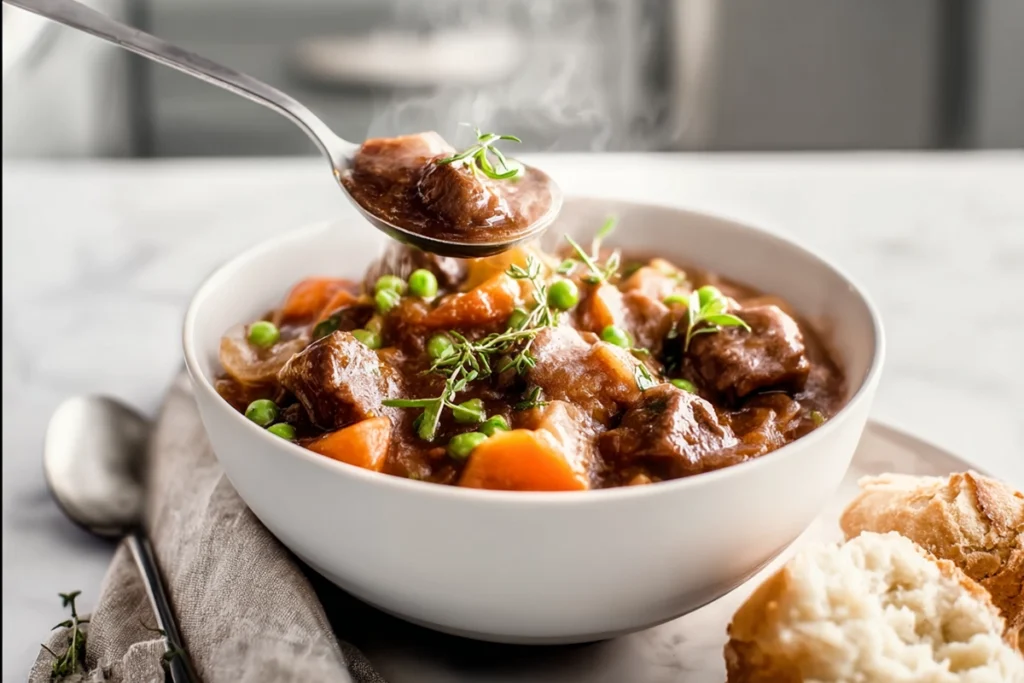 Serving ladle pouring slow cooker beef stew into a clean white bowl