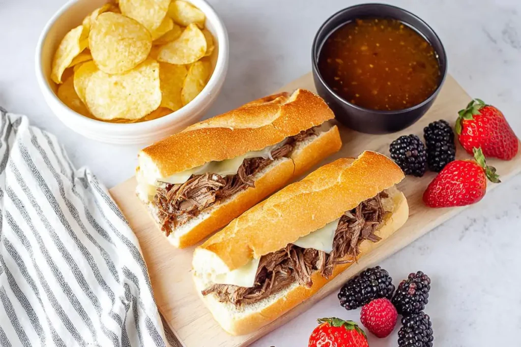 Slow cooker french dip sandwiches served with chips and warm au jus