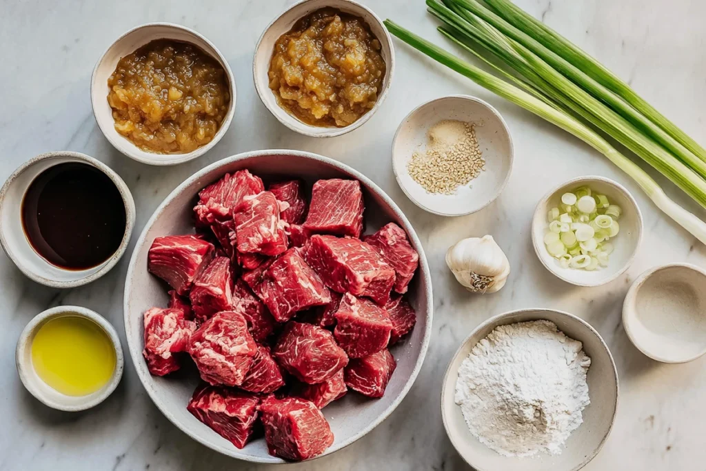 Ingredients for slow cooker Korean beef arranged on a marble counter
