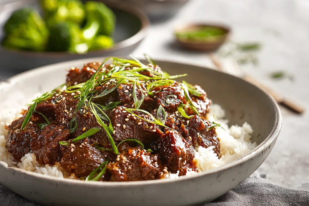 Slow Cooker Korean Beef served over rice with garnishes in modern kitchen setting