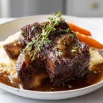 photorealistic slow cooker short ribs plated with gravy in modern kitchen