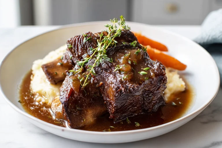 photorealistic slow cooker short ribs plated with gravy in modern kitchen
