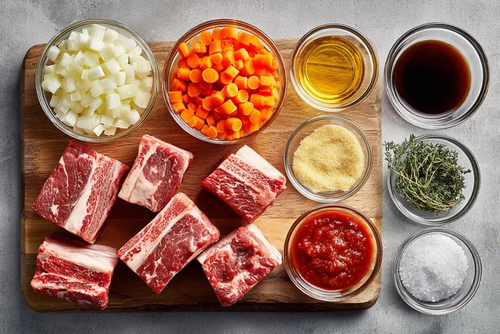 Slow Cooker Short Ribs That Deliver Deep, Comforting Flavor Every Time 7 overhead ingredients layout for slow cooker short ribs on modern kitchen counter