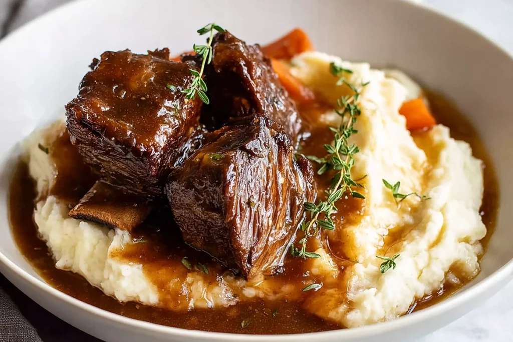 Slow Cooker Short Ribs That Deliver Deep, Comforting Flavor Every Time 10 plated slow cooker short ribs served with mashed potatoes in modern kitchen