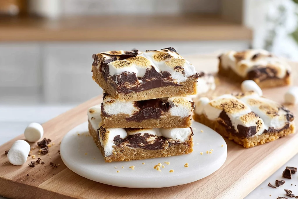 photorealistic hero shot of S’mores Cookie Bars stacked on a modern plate in a bright kitchen