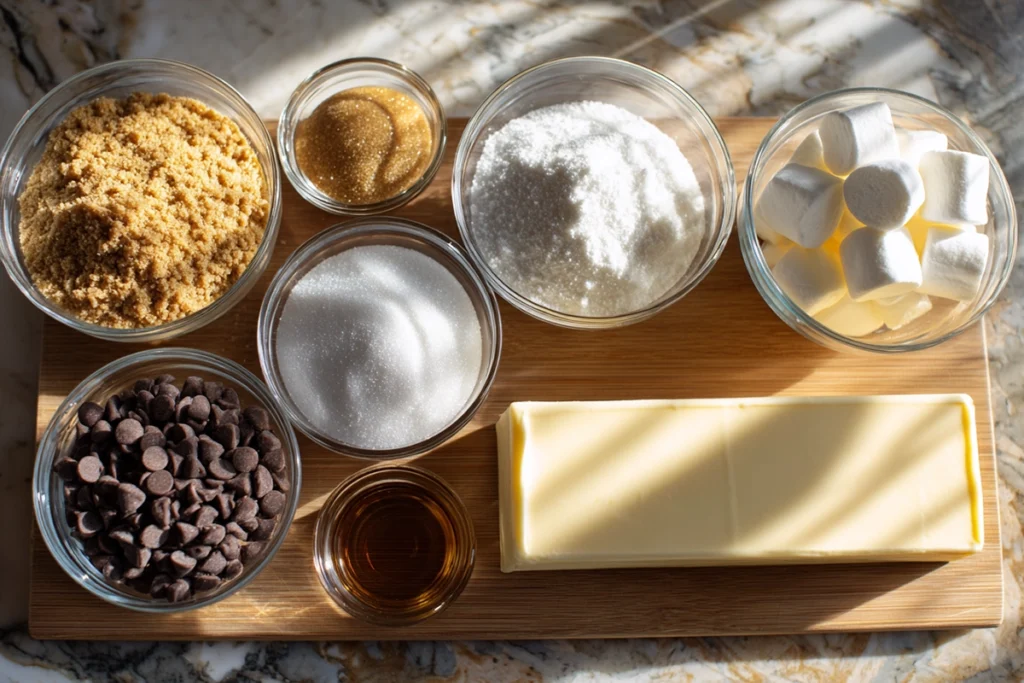 overhead photo of S’mores Cookie Bars ingredients arranged in glass bowls on a modern kitchen counter
